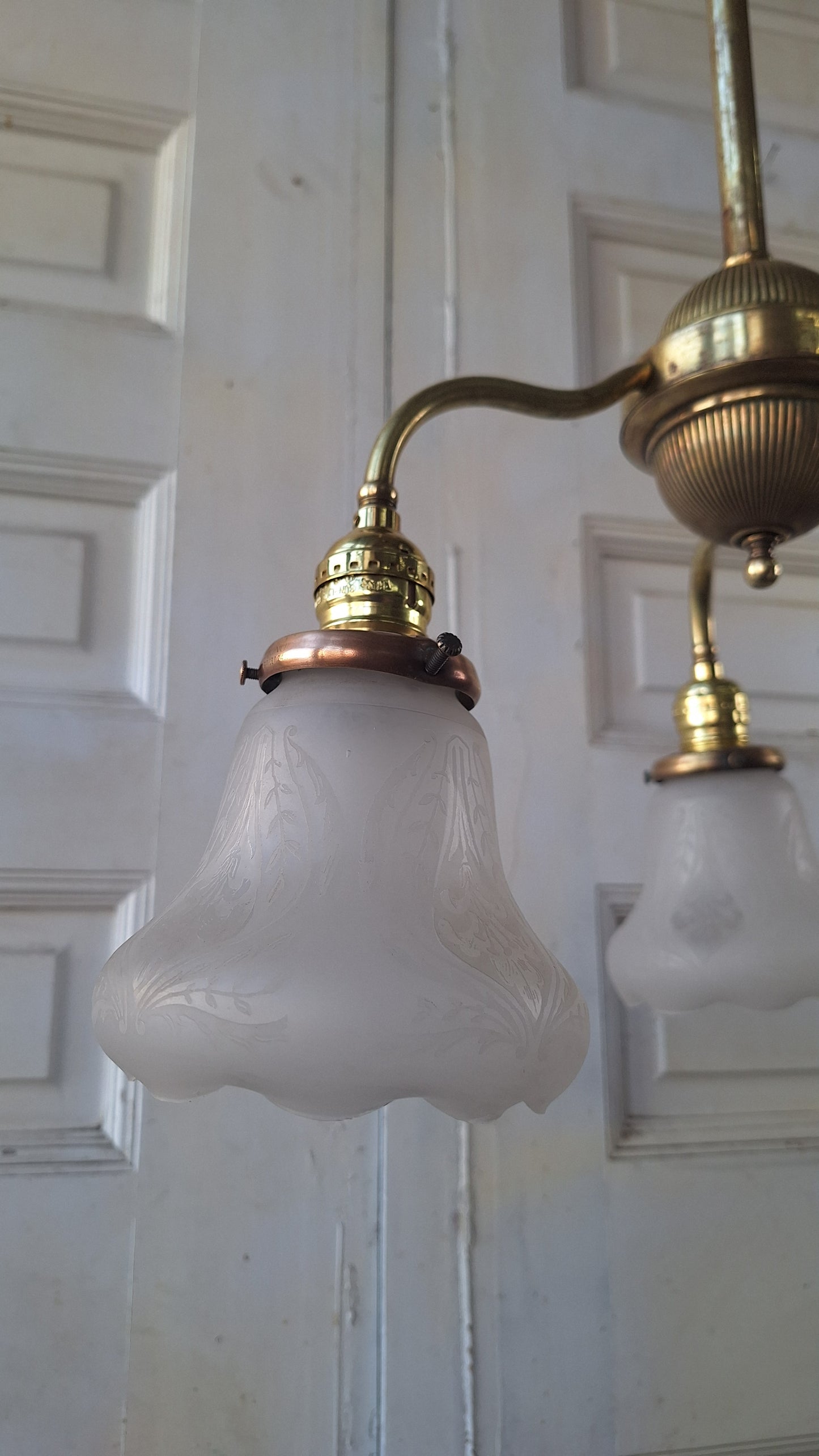 48" Antique Chandelier with Ruffled Etched Glass Shades, Tall Vintage Brass Chandelier Light