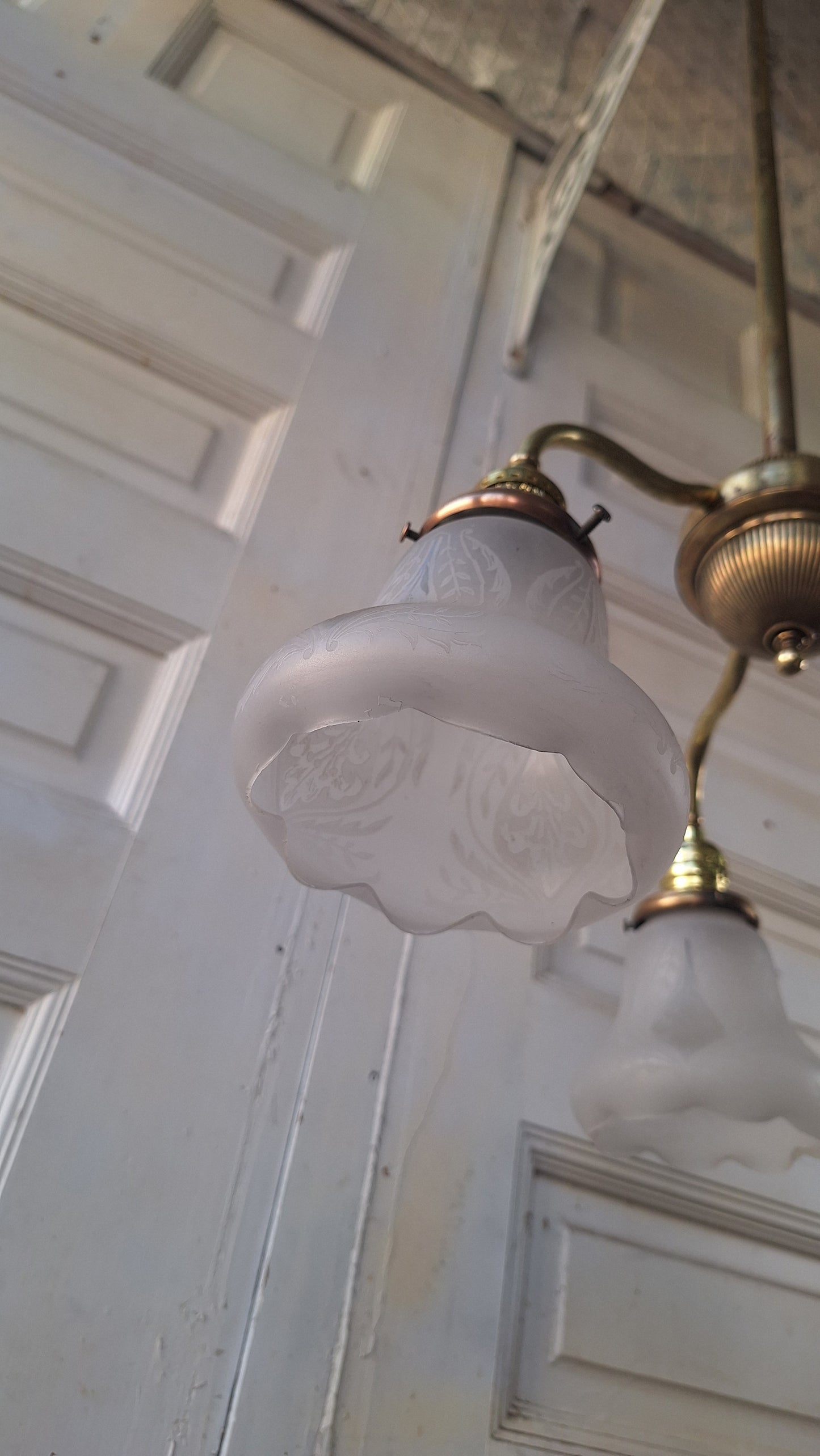 48" Antique Chandelier with Ruffled Etched Glass Shades, Tall Vintage Brass Chandelier Light