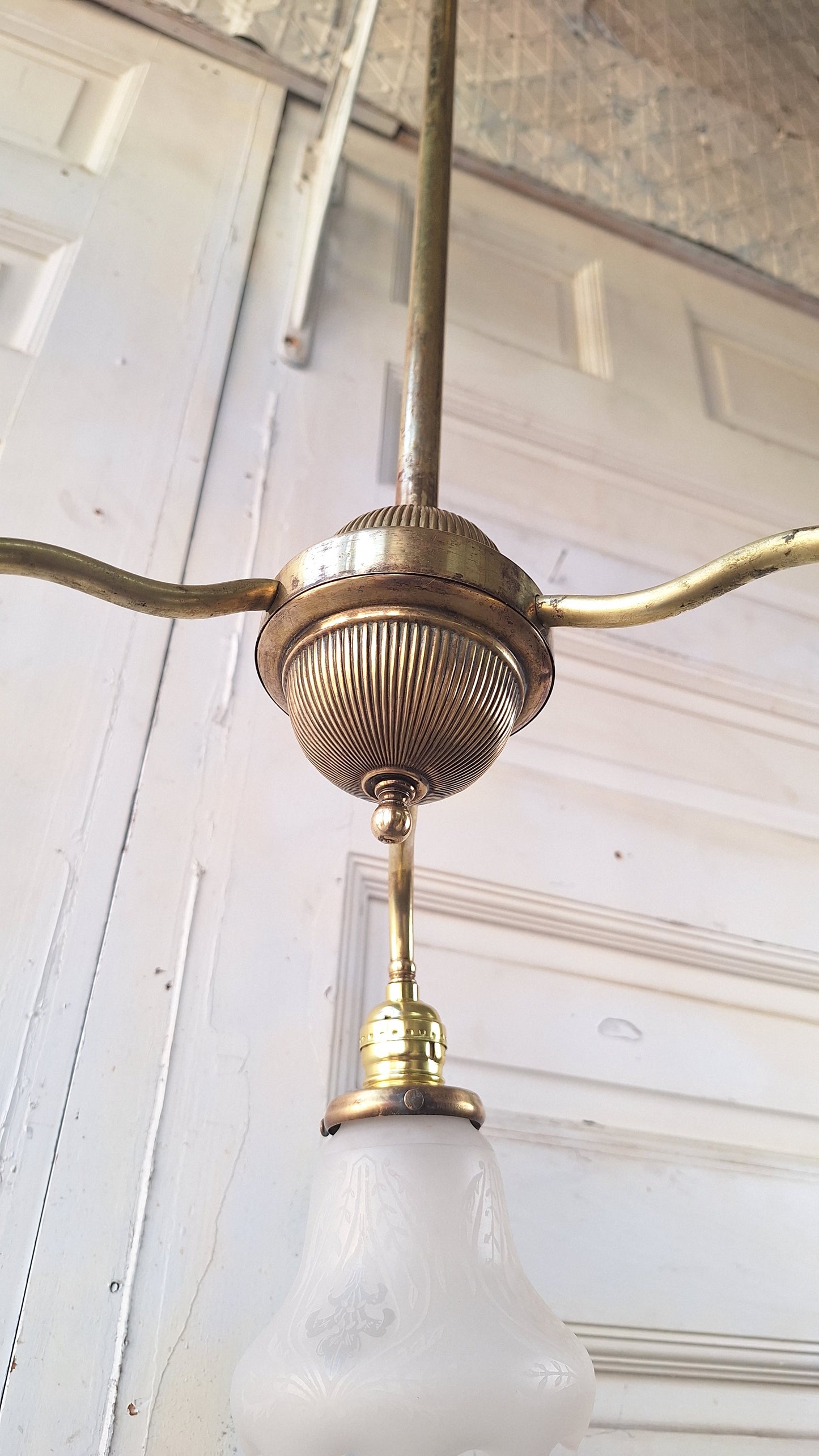 48" Antique Chandelier with Ruffled Etched Glass Shades, Tall Vintage Brass Chandelier Light