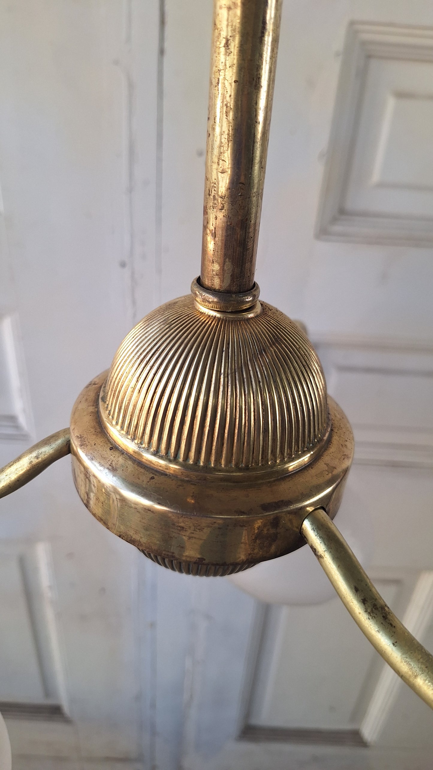 48" Antique Chandelier with Ruffled Etched Glass Shades, Tall Vintage Brass Chandelier Light