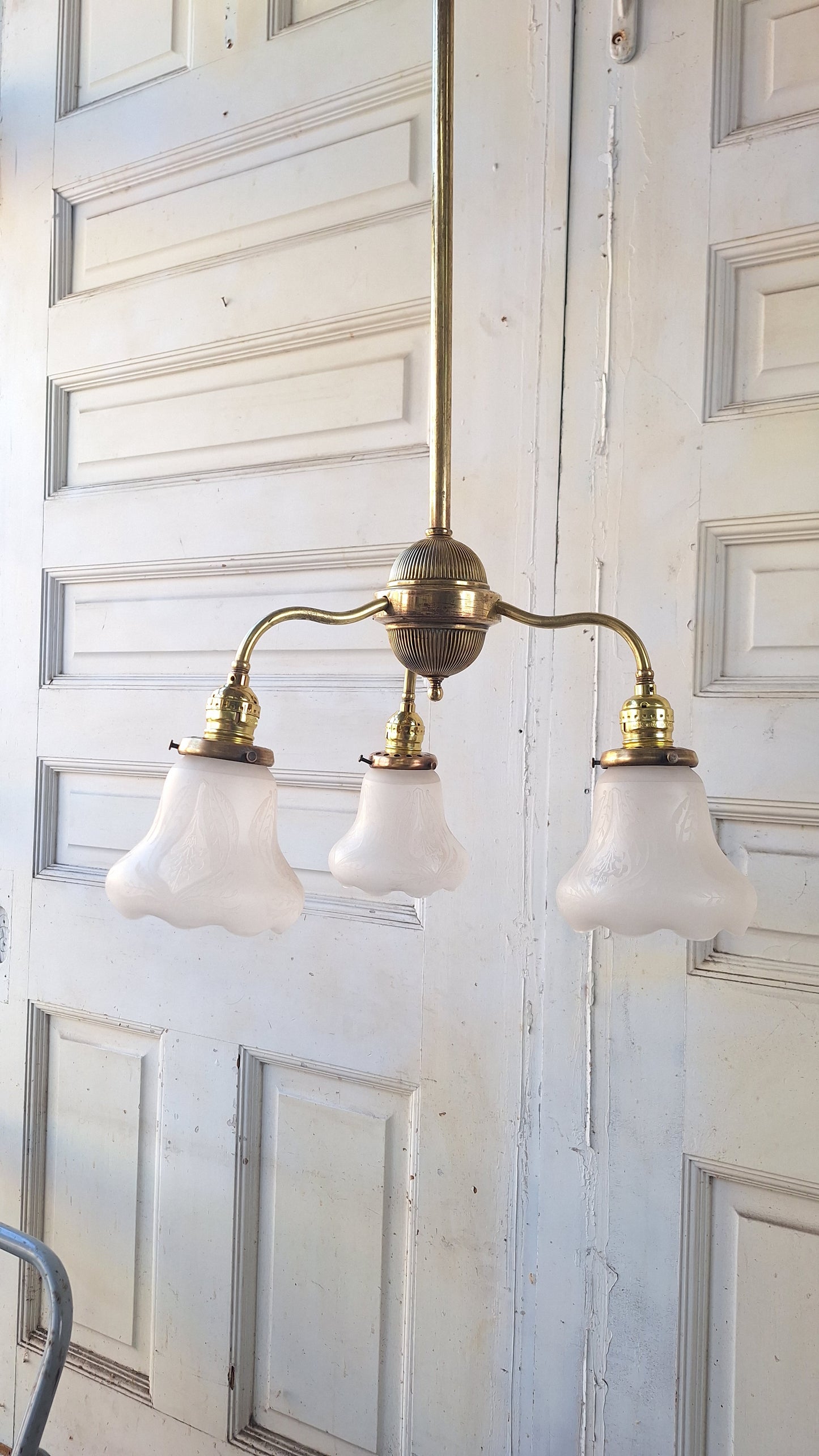 48" Antique Chandelier with Ruffled Etched Glass Shades, Tall Vintage Brass Chandelier Light