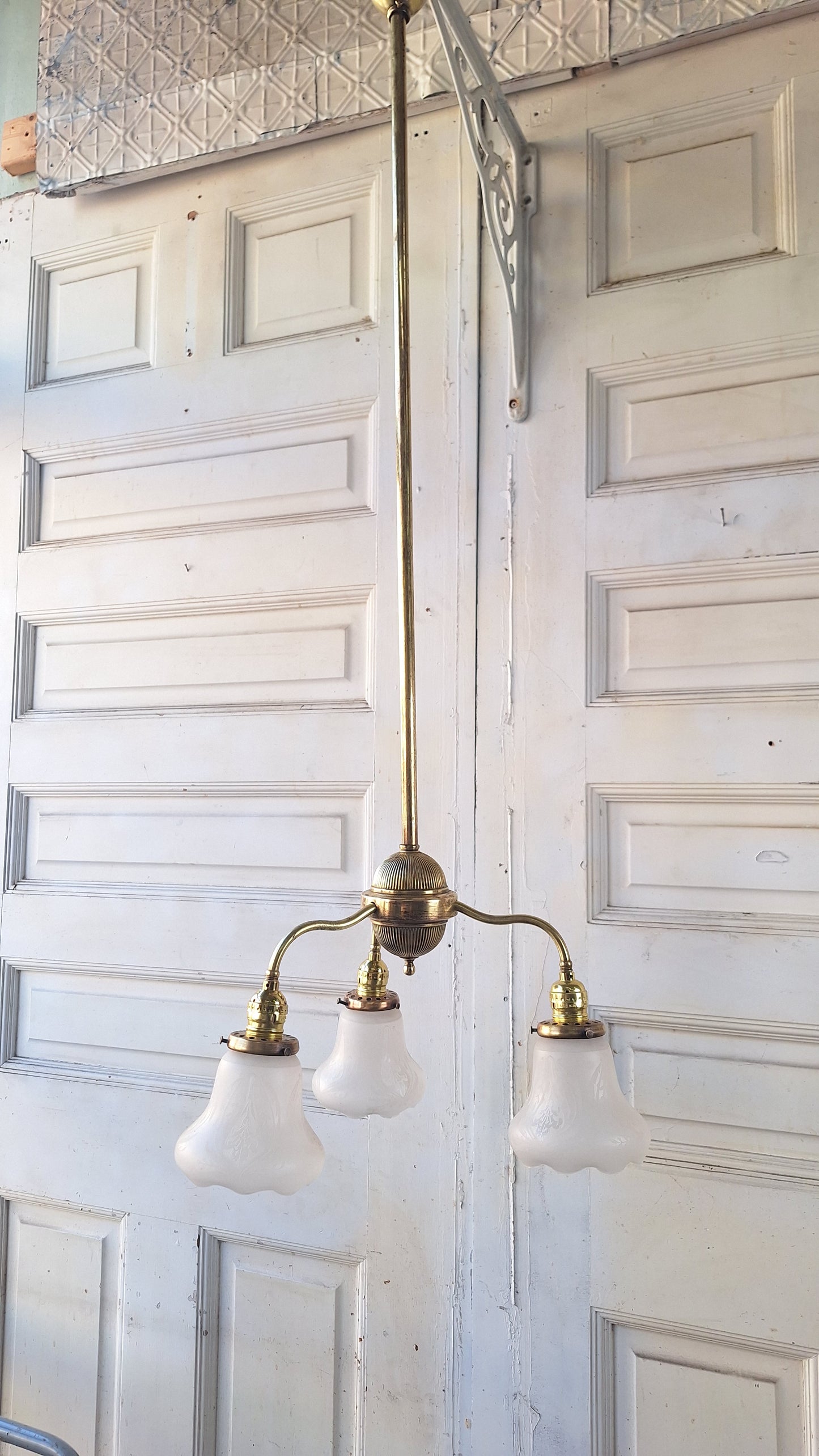 48" Antique Chandelier with Ruffled Etched Glass Shades, Tall Vintage Brass Chandelier Light