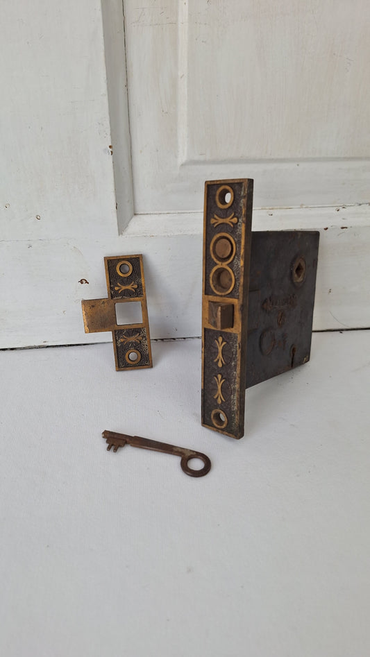 Ornate Door Mortise Lock with Push Button Lock, Strike Plate, and Working Key