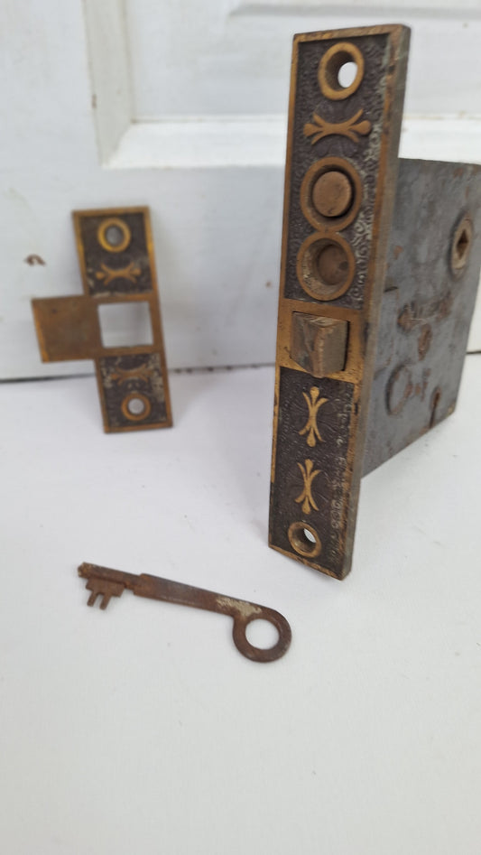 Ornate Door Mortise Lock with Push Button Lock, Strike Plate, and Working Key