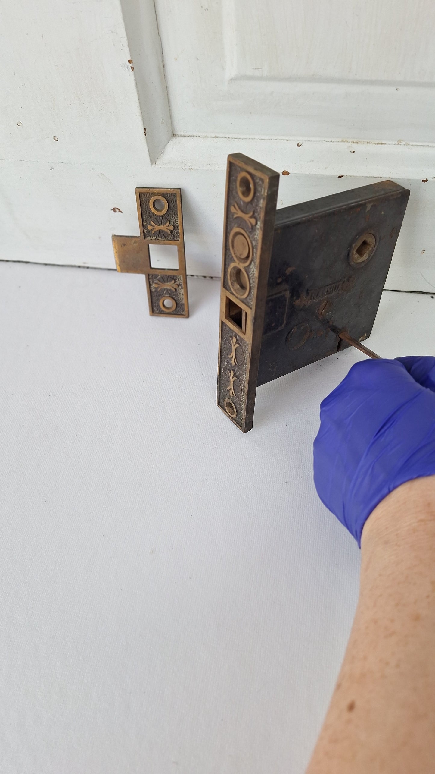 Ornate Door Mortise Lock with Push Button Lock, Strike Plate, and Working Key