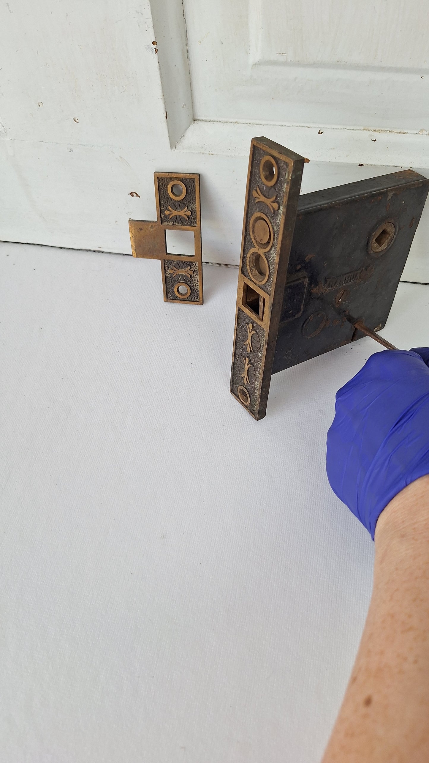 Ornate Door Mortise Lock with Push Button Lock, Strike Plate, and Working Key