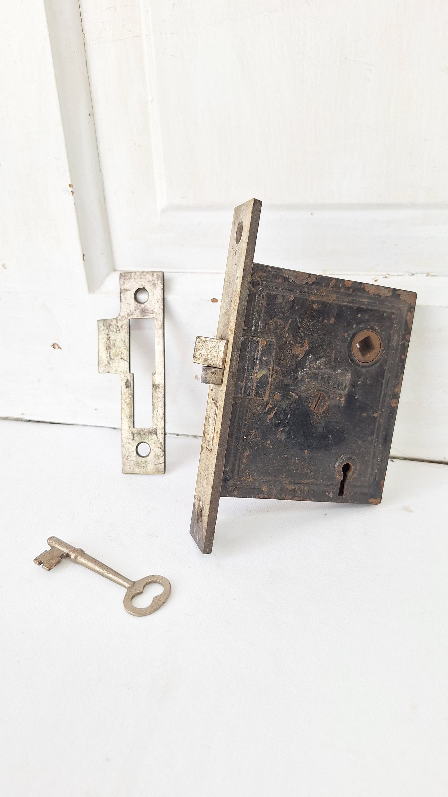 Nickel Plated Mortise Lock with Skeleton Key, Antique Keyed Door Lock Set with Strike Plate