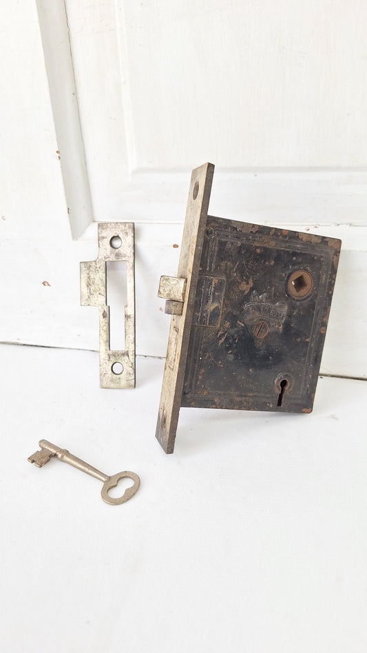 Nickel Plated Mortise Lock with Skeleton Key, Antique Keyed Door Lock Set with Strike Plate
