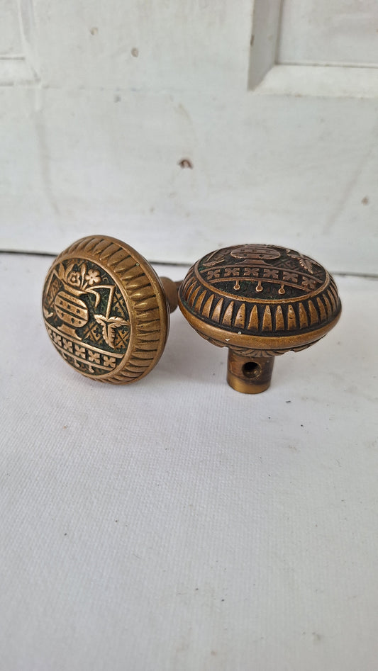 Broken Leaf Design Pair of Bronze Doorknobs, Eastlake Style Victorian Door Knob Set