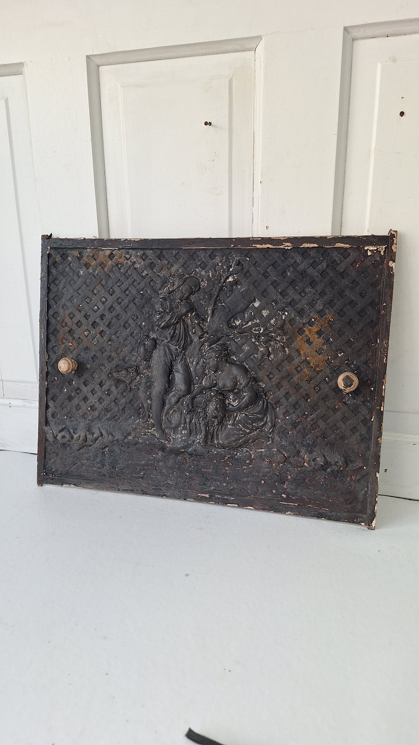 Agricultural Scene Fireplace Summer Cover, Antique Cast Iron Figural Firebox Cover