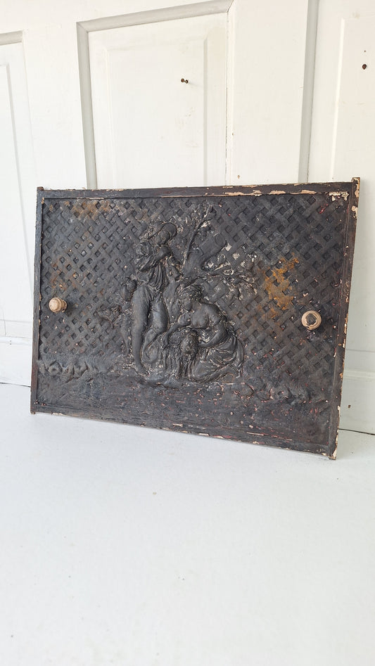 Agricultural Scene Fireplace Summer Cover, Antique Cast Iron Figural Firebox Cover