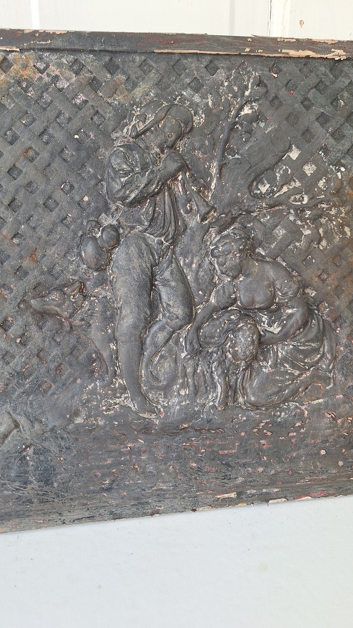 Agricultural Scene Fireplace Summer Cover, Antique Cast Iron Figural Firebox Cover