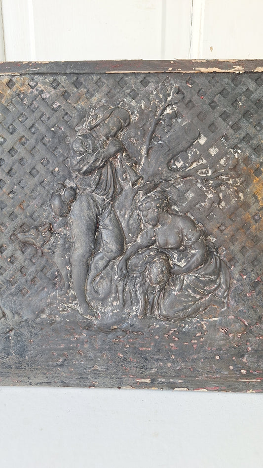 Agricultural Scene Fireplace Summer Cover, Antique Cast Iron Figural Firebox Cover