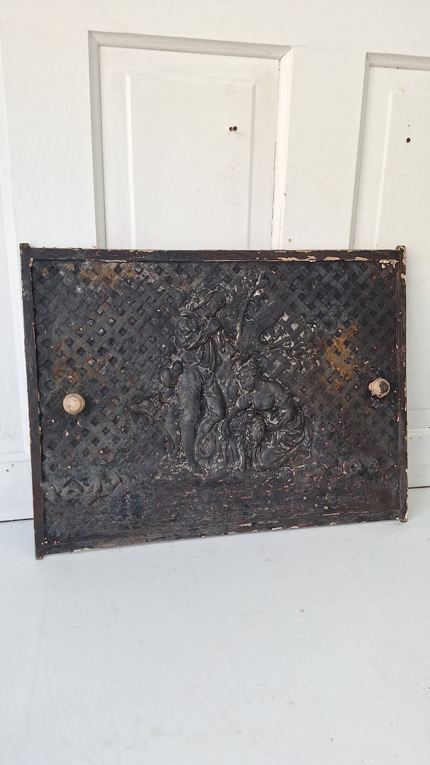 Agricultural Scene Fireplace Summer Cover, Antique Cast Iron Figural Firebox Cover