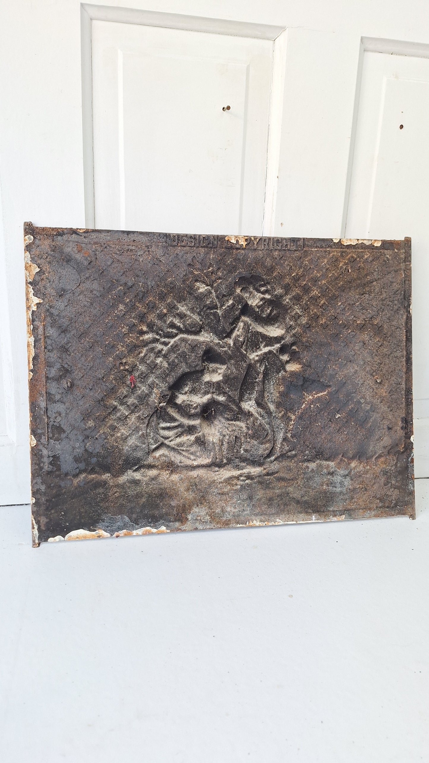 Agricultural Scene Fireplace Summer Cover, Antique Cast Iron Figural Firebox Cover