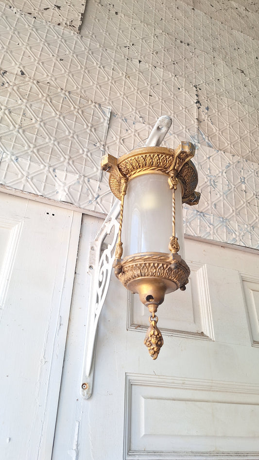 Ornate Flush Mount Lantern: Gold Finish Antique Light with Cylinder Glass