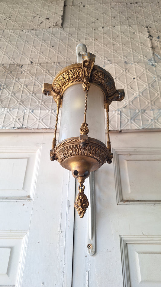 Ornate Flush Mount Lantern: Gold Finish Antique Light with Cylinder Glass