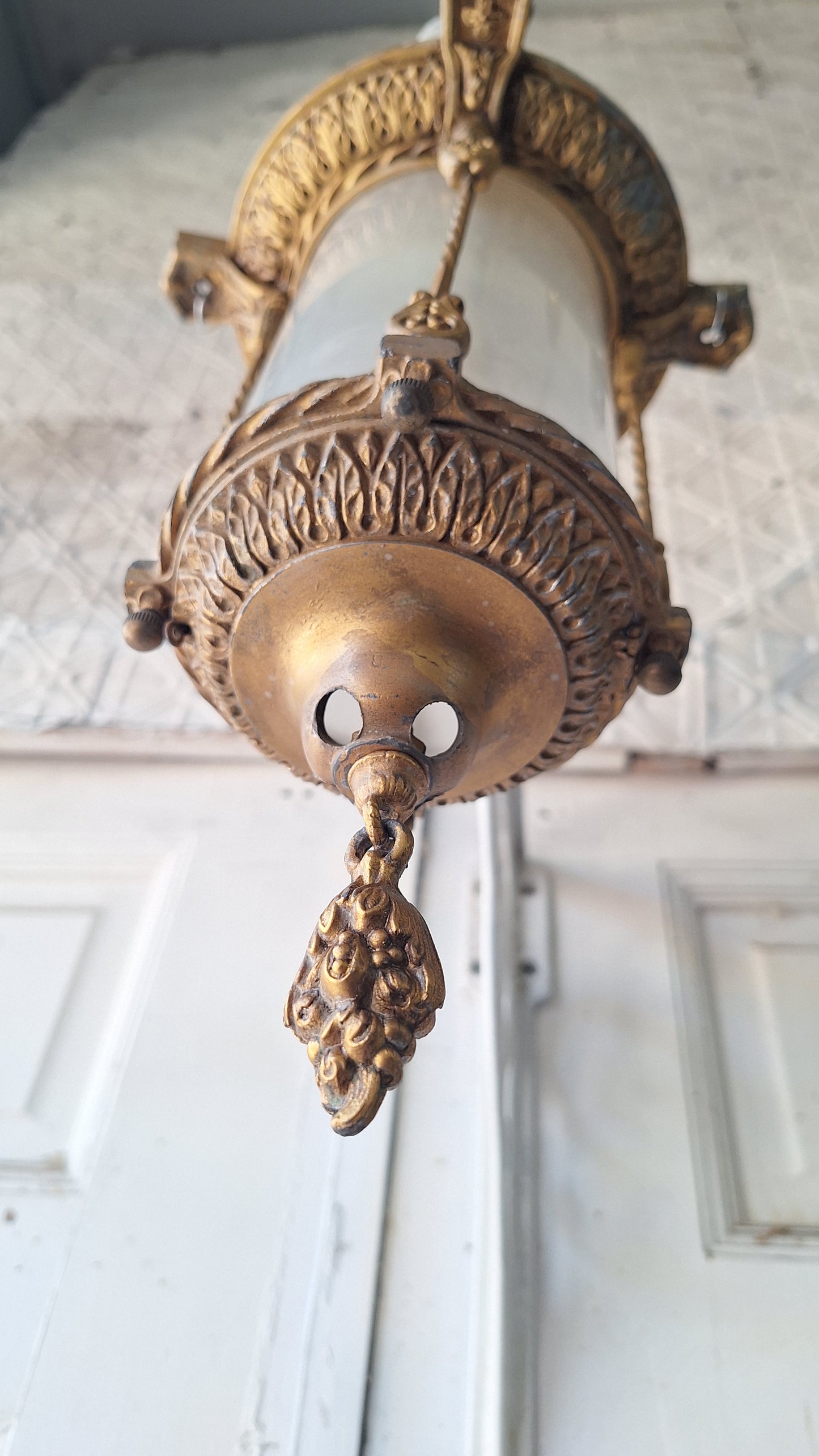 Ornate Flush Mount Lantern: Gold Finish Antique Light with Cylinder Glass