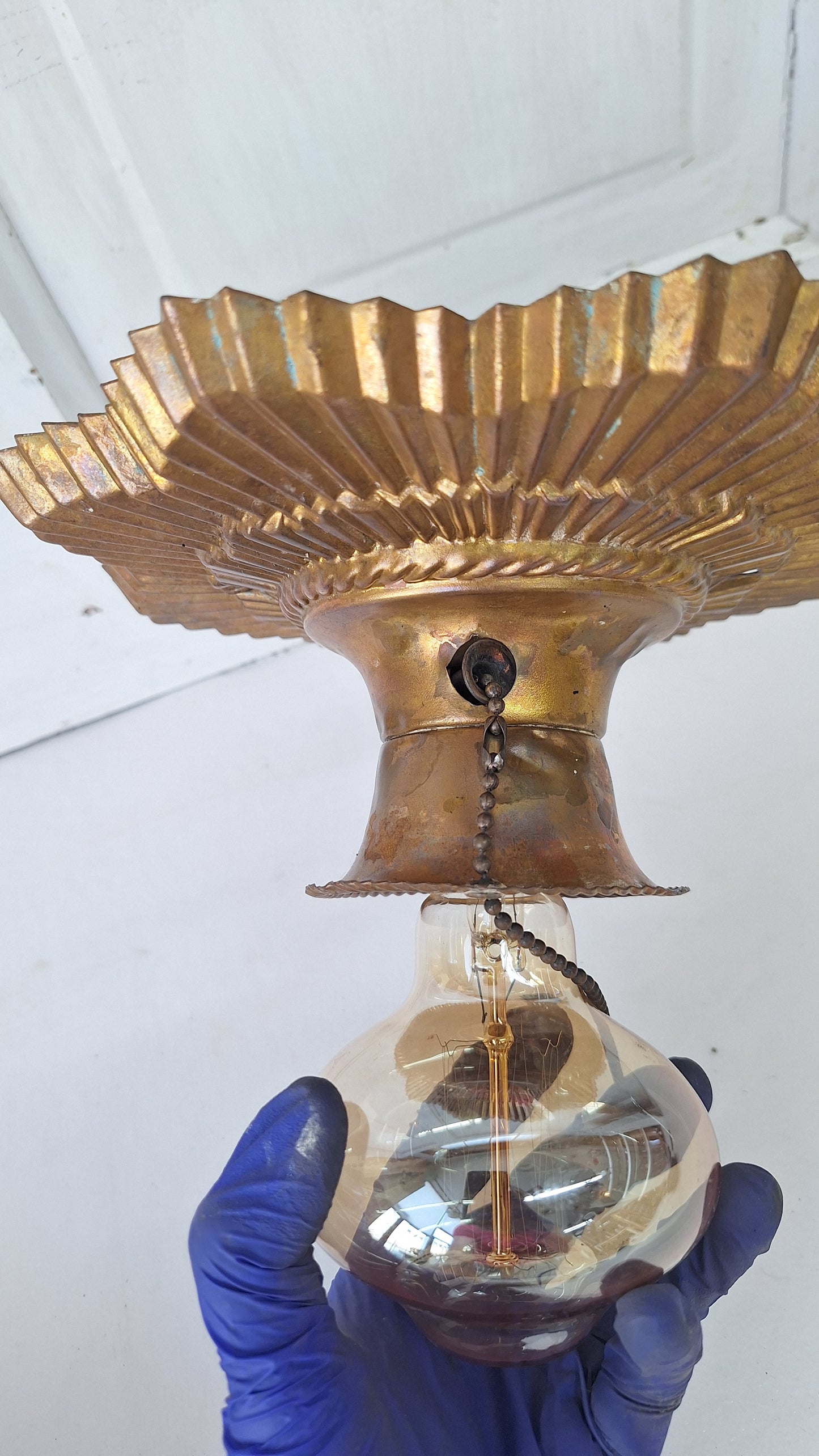 Sunburst Vintage Pull Chain Light Fixture: Small Brass Star Design Ceiling Light