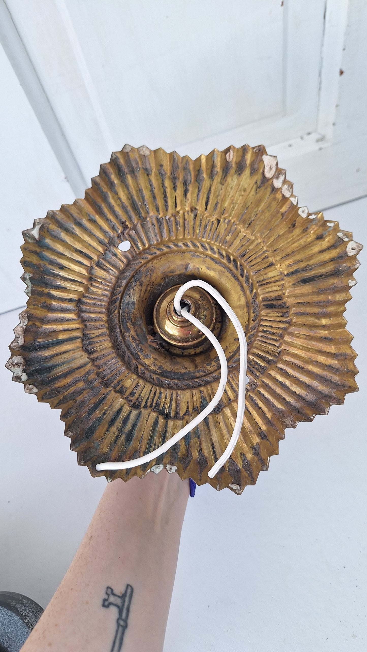 Sunburst Vintage Pull Chain Light Fixture: Small Brass Star Design Ceiling Light
