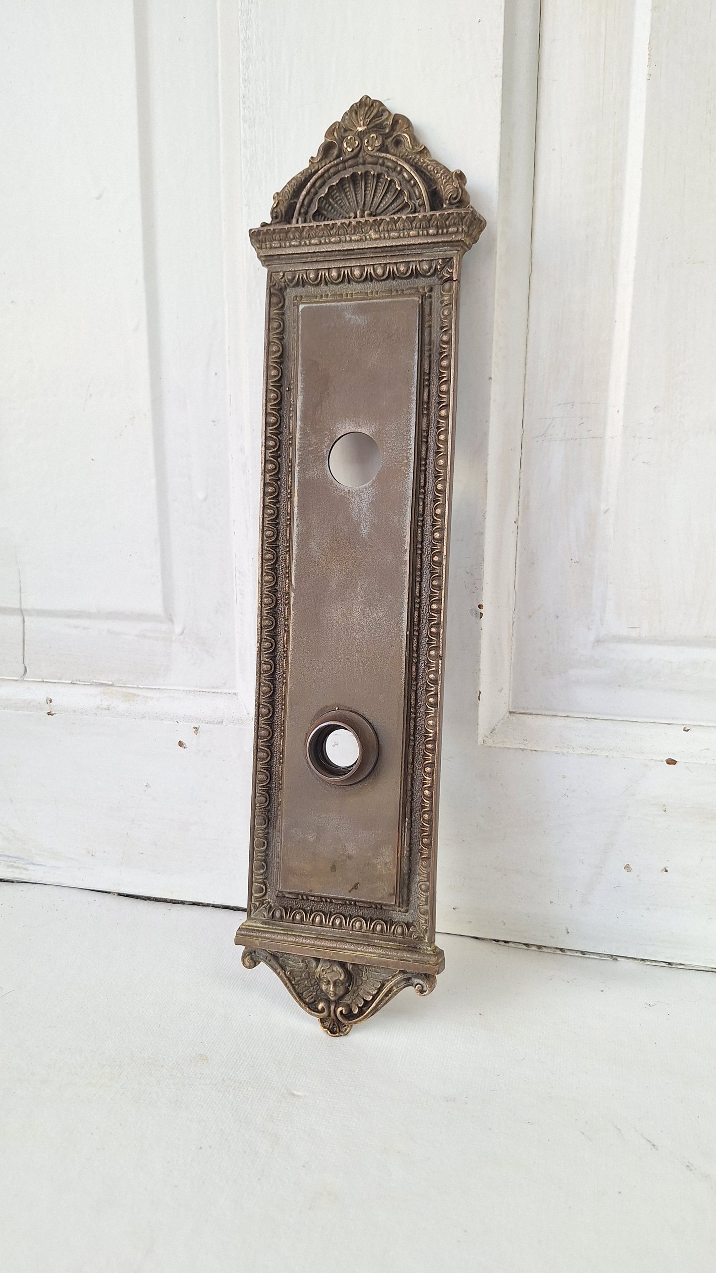 Cherub Face Bronze Backplate: Ornate Renaissance Doorknob Escutcheon