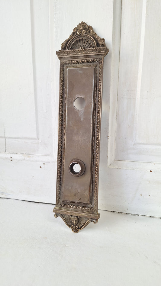 Cherub Face Bronze Backplate: Ornate Renaissance Doorknob Escutcheon