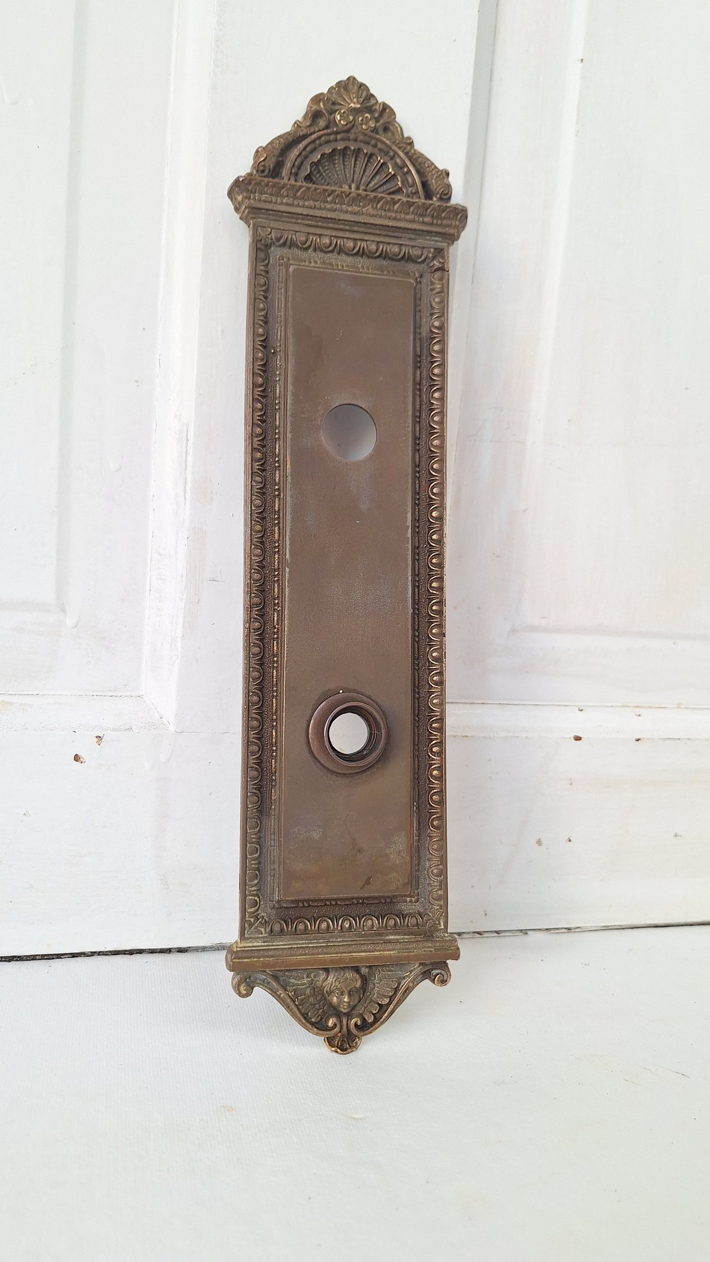 Cherub Face Bronze Backplate: Ornate Renaissance Doorknob Escutcheon