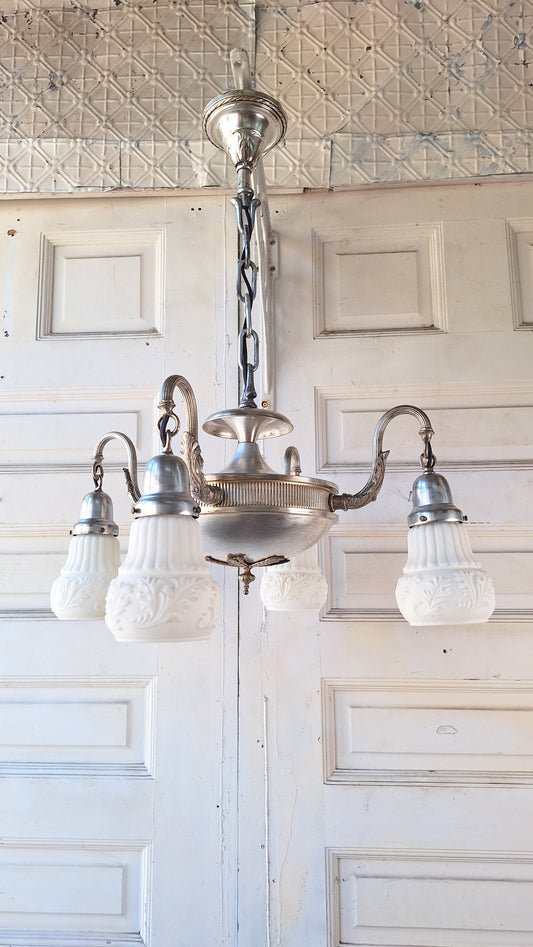 Silver Plated Chandelier: Vintage Four Arm Pan Light with Frosted White Glass Shades
