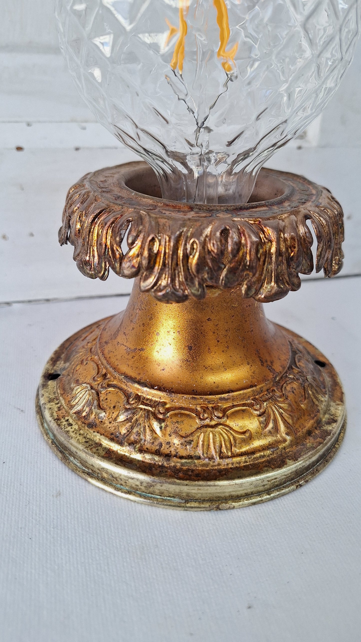 Stamped Brass Flush Mount Light: Rewired Antique Fixture with Leaf Detailing
