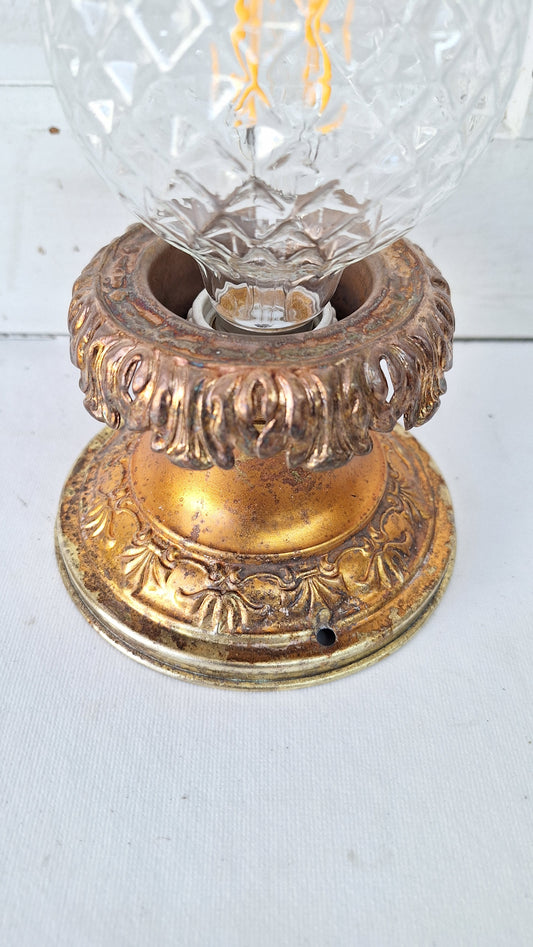 Stamped Brass Flush Mount Light: Rewired Antique Fixture with Leaf Detailing