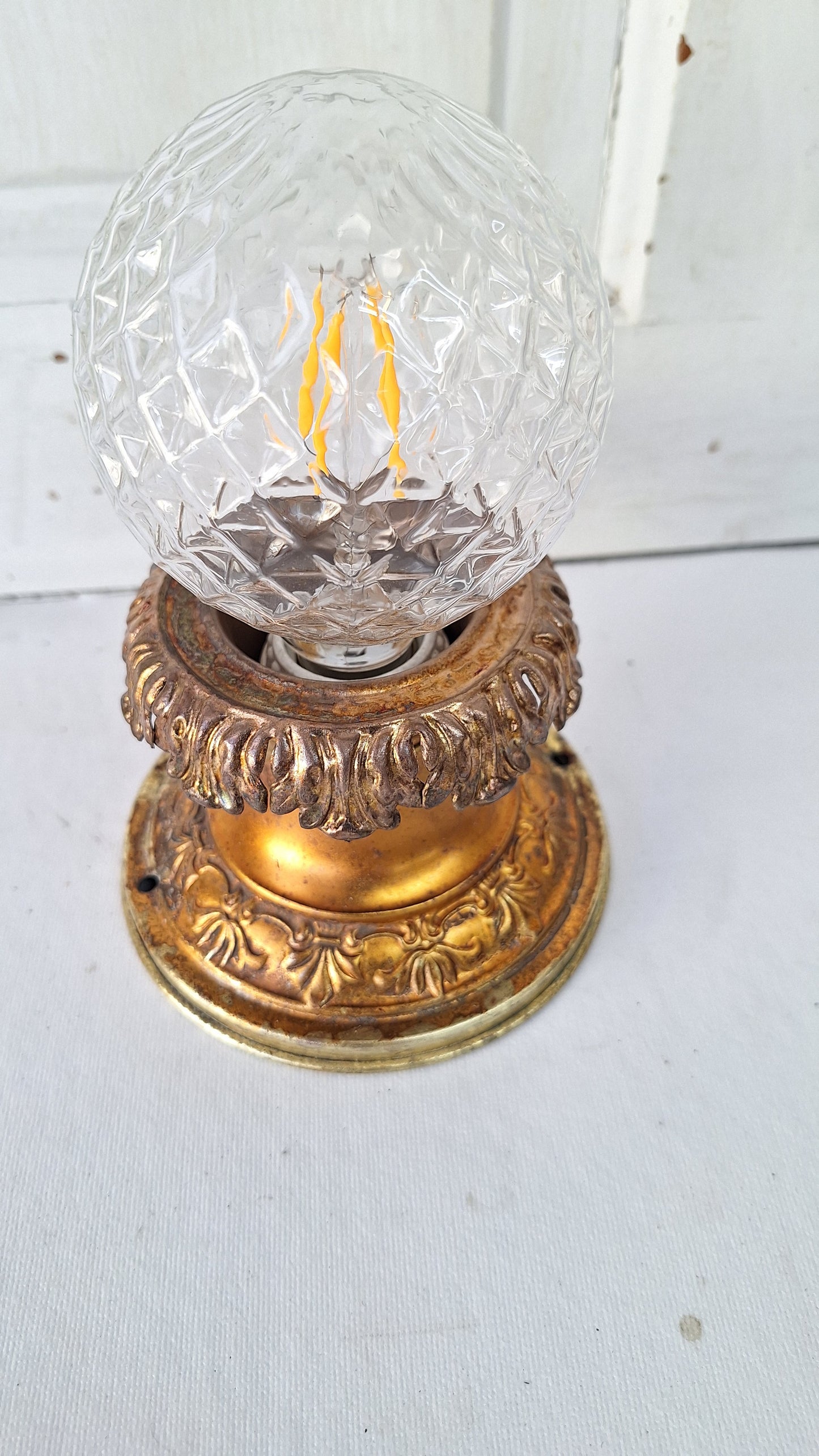 Stamped Brass Flush Mount Light: Rewired Antique Fixture with Leaf Detailing