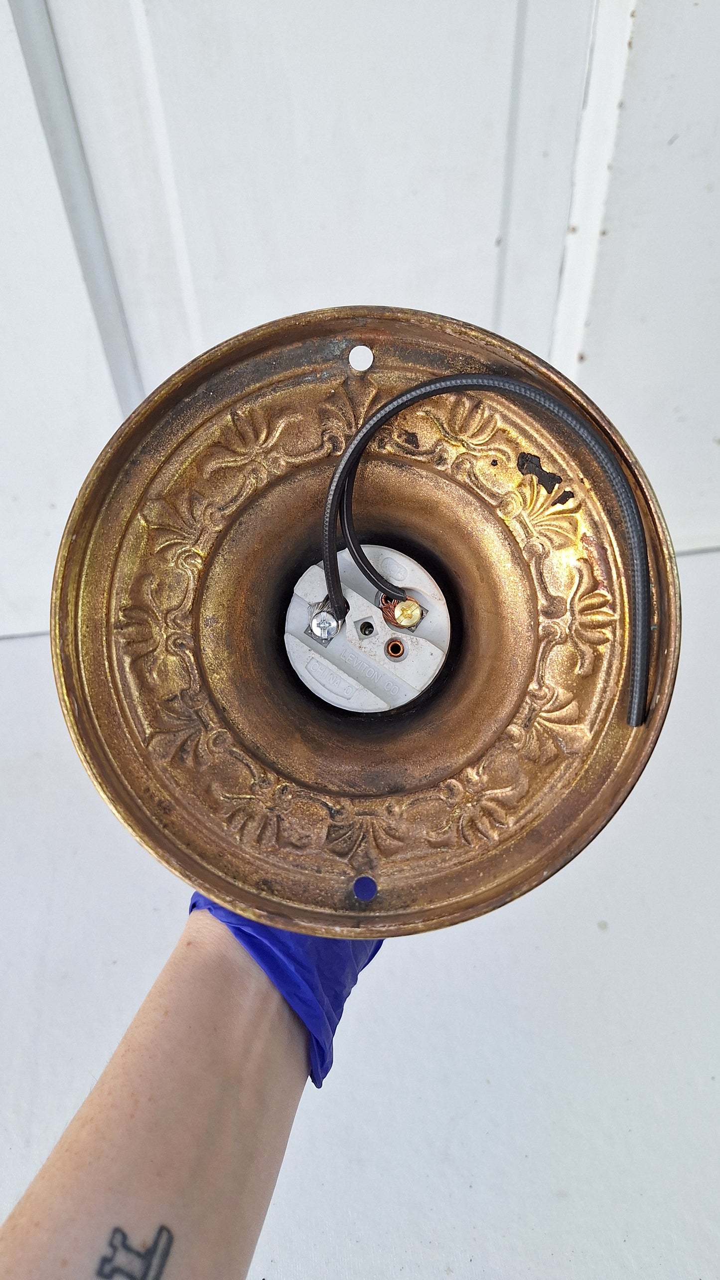 Stamped Brass Flush Mount Light: Rewired Antique Fixture with Leaf Detailing