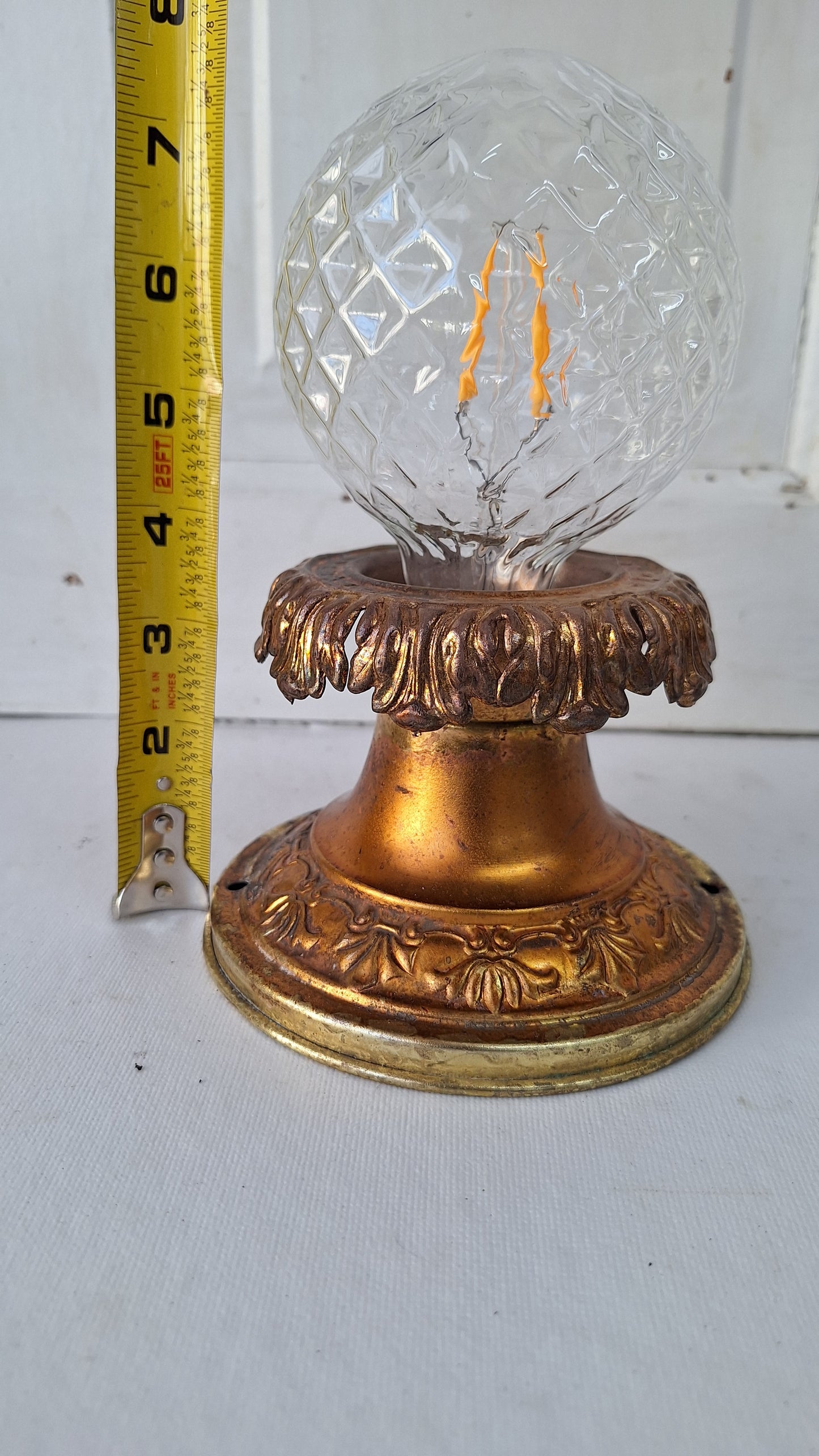 Stamped Brass Flush Mount Light: Rewired Antique Fixture with Leaf Detailing