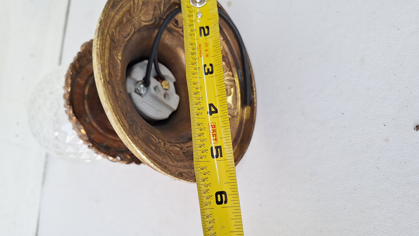 Stamped Brass Flush Mount Light: Rewired Antique Fixture with Leaf Detailing