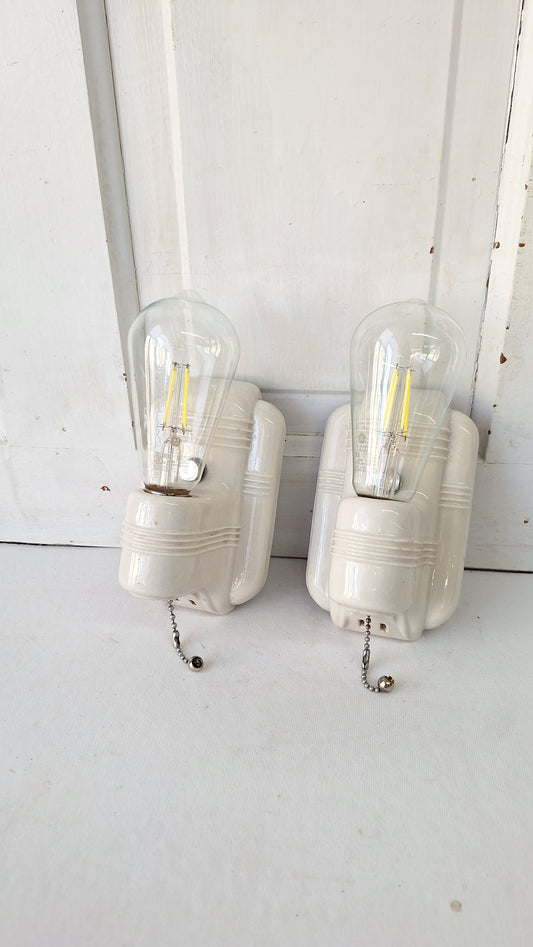Pull Chain Vintage Porcelain Bathroom Sconces, Set of Ceramic Bathroom Vanity Lights