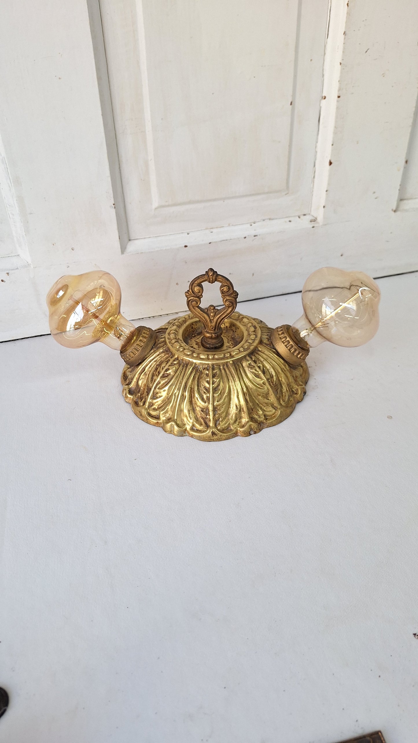 Art Deco Brass Flush Mount Light: Antique Two-Socket Ceiling Fixture