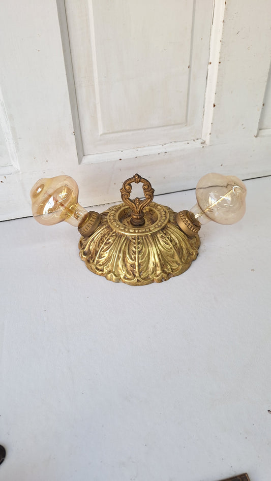 Art Deco Brass Flush Mount Light: Antique Two-Socket Ceiling Fixture