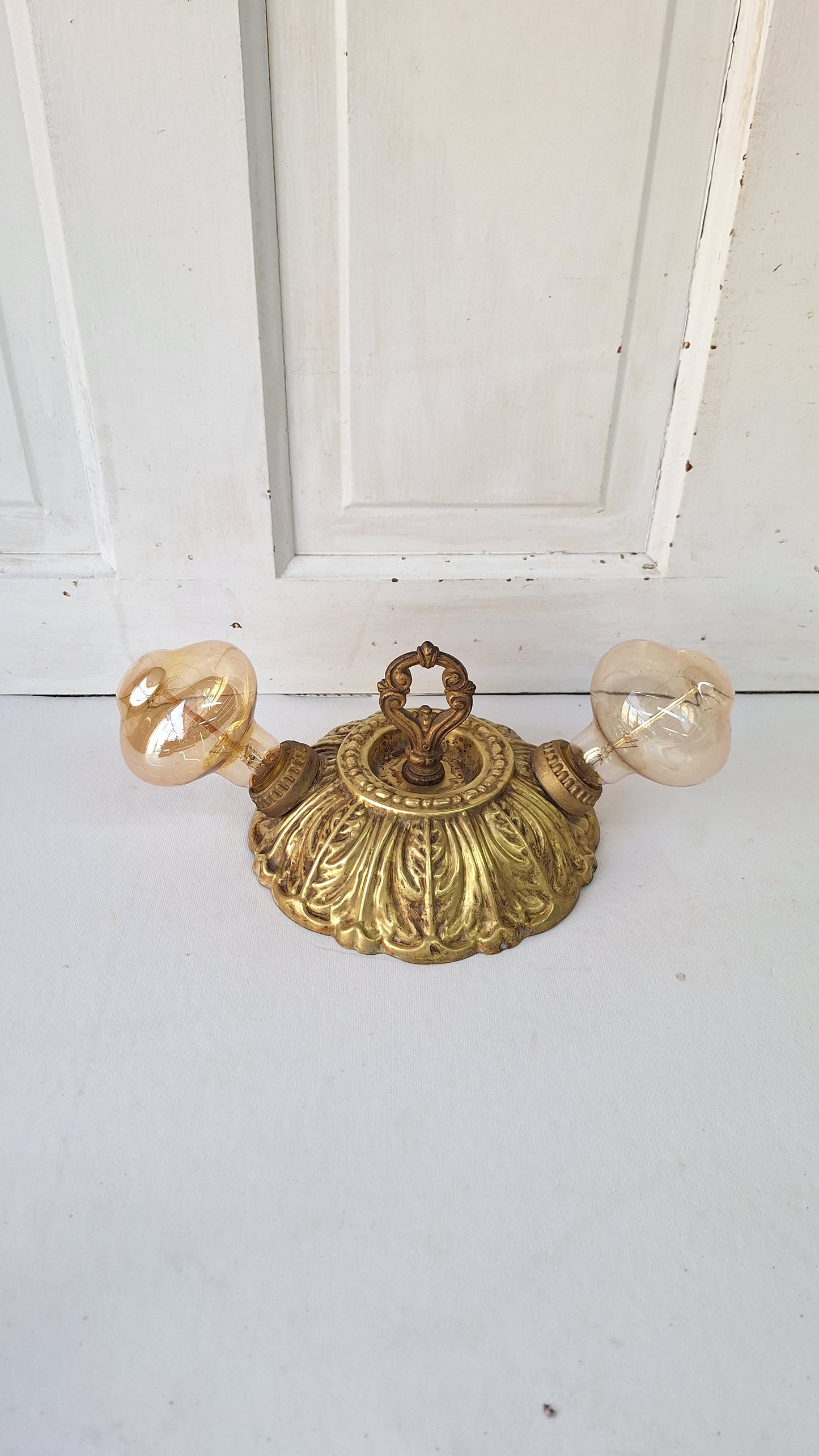 Art Deco Brass Flush Mount Light: Antique Two-Socket Ceiling Fixture