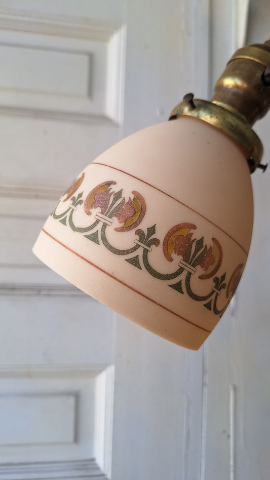 Looped Arm Brass Chandelier with Pink Glass Shades, Antique Ceiling Light from Victorian Home