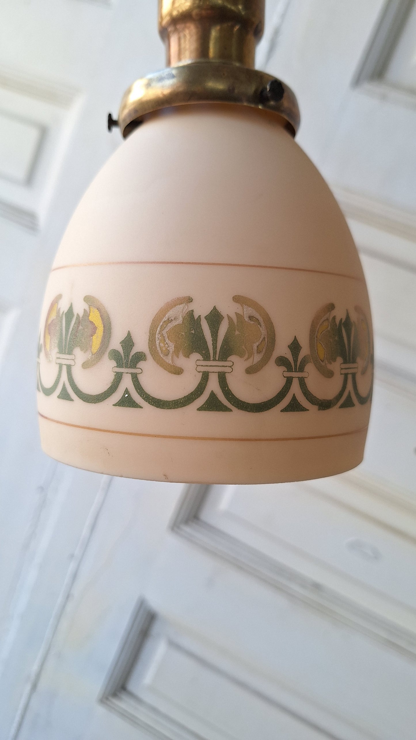 Looped Arm Brass Chandelier with Pink Glass Shades, Antique Ceiling Light from Victorian Home