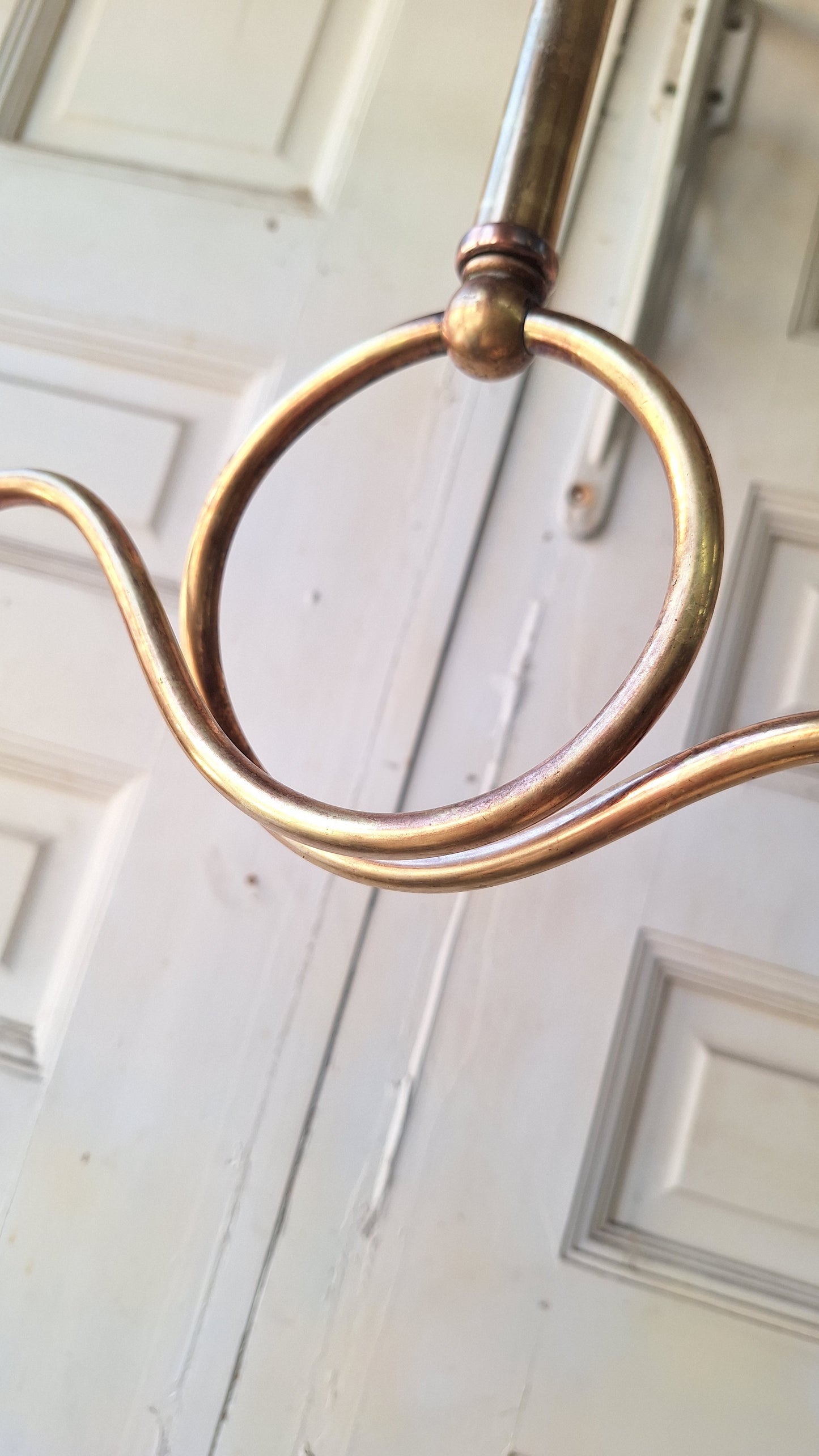 Looped Arm Brass Chandelier with Pink Glass Shades, Antique Ceiling Light from Victorian Home