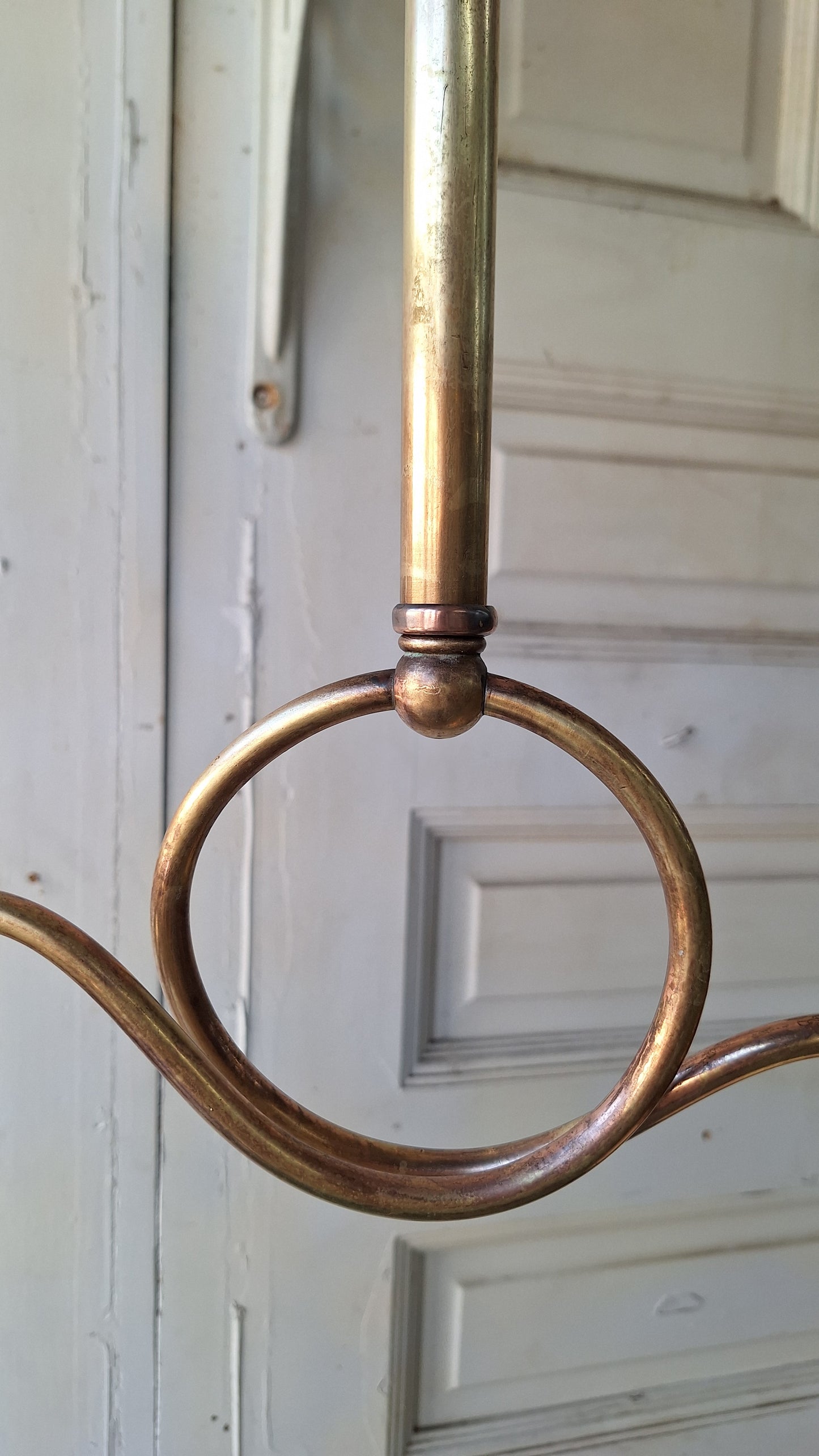Looped Arm Brass Chandelier with Pink Glass Shades, Antique Ceiling Light from Victorian Home