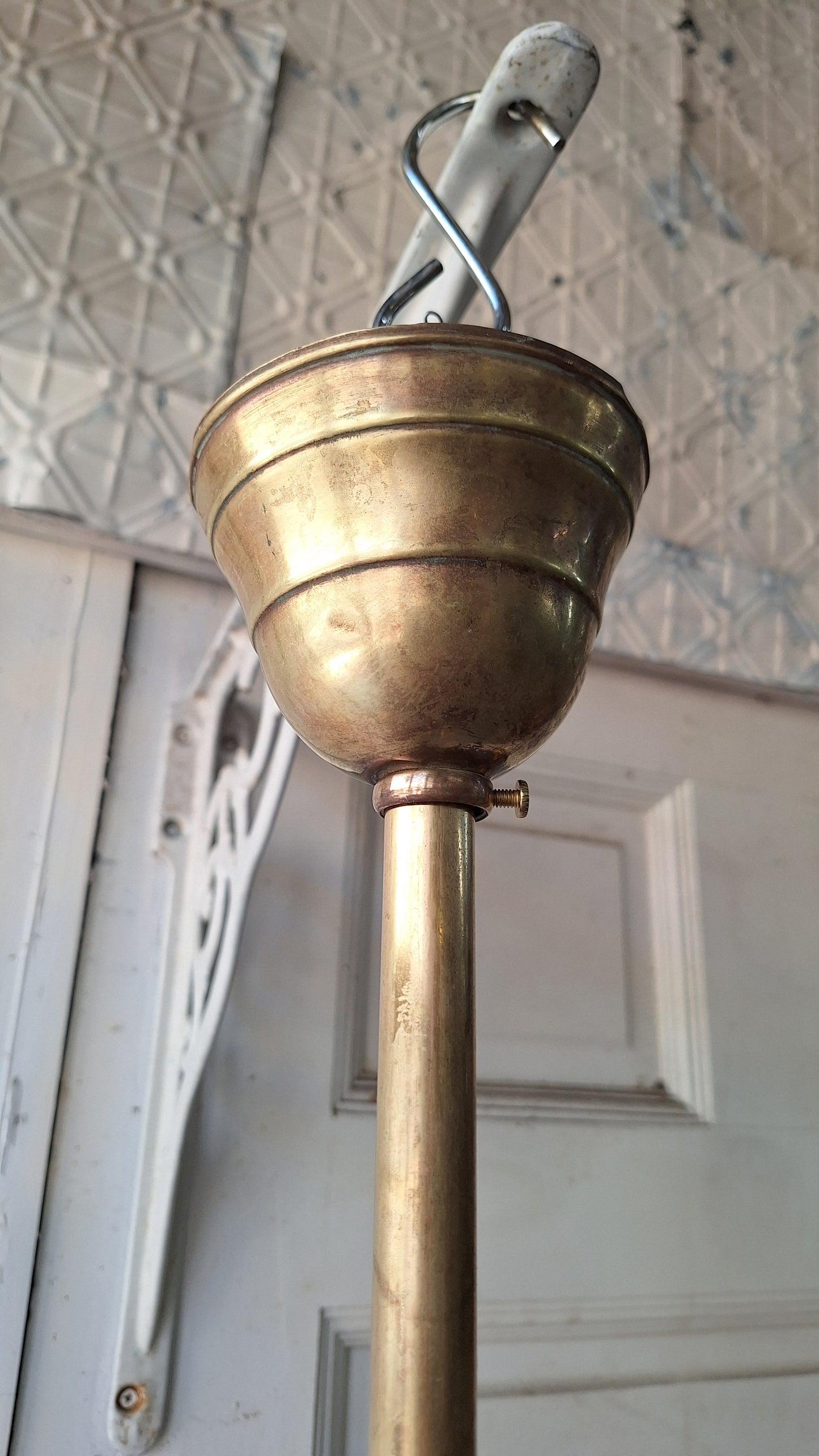 Looped Arm Brass Chandelier with Pink Glass Shades, Antique Ceiling Light from Victorian Home