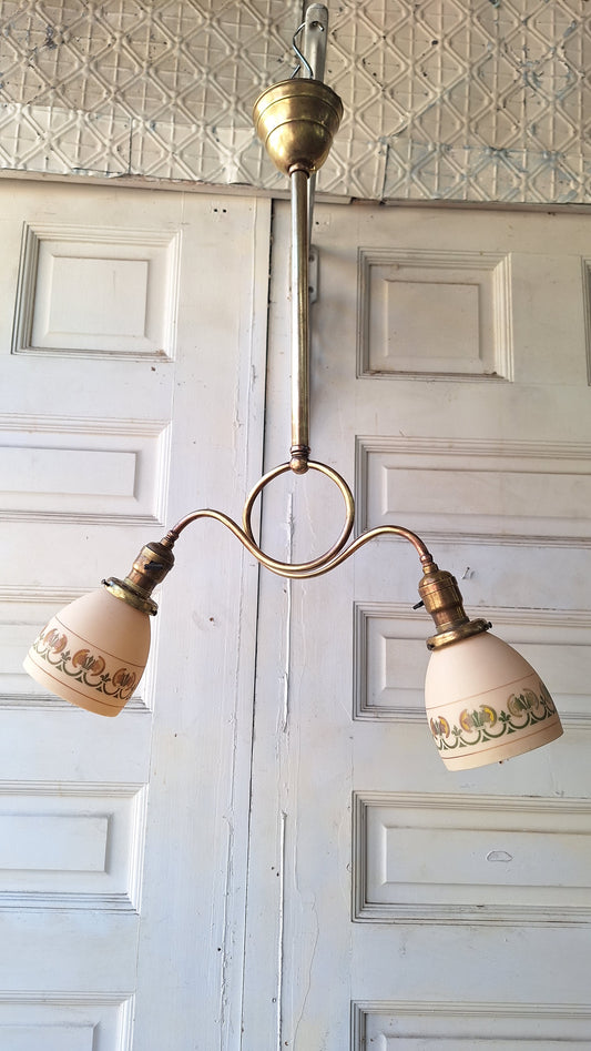 Looped Arm Brass Chandelier with Pink Glass Shades, Antique Ceiling Light from Victorian Home