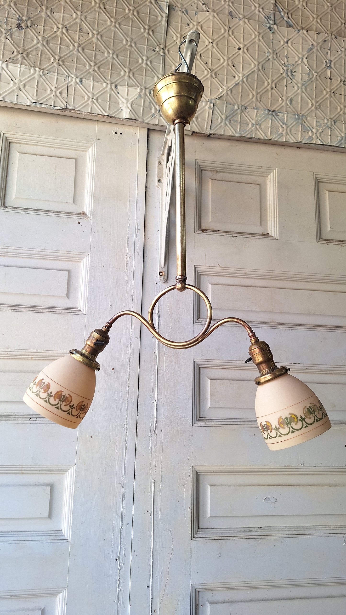Looped Arm Brass Chandelier with Pink Glass Shades, Antique Ceiling Light from Victorian Home