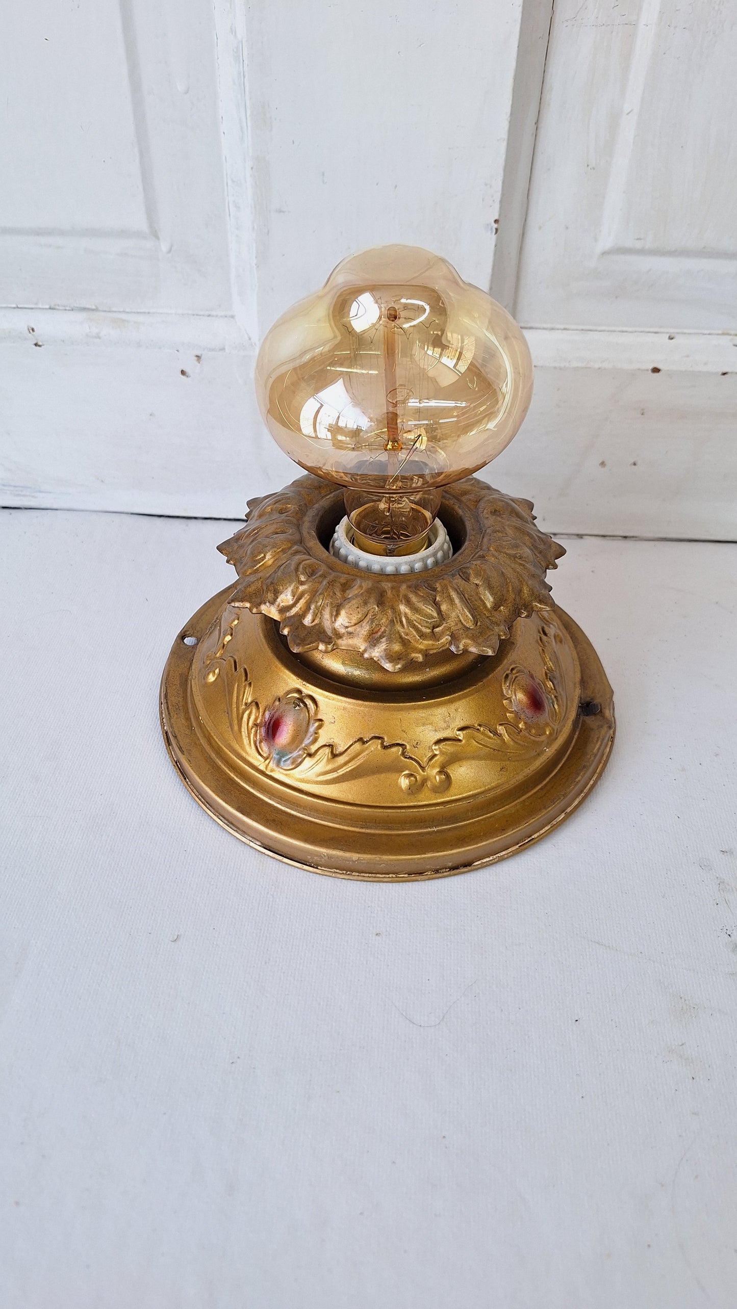 Deco Brass Flush Mount Light: Rewired Antique Fixture with Hand Painted Detailing