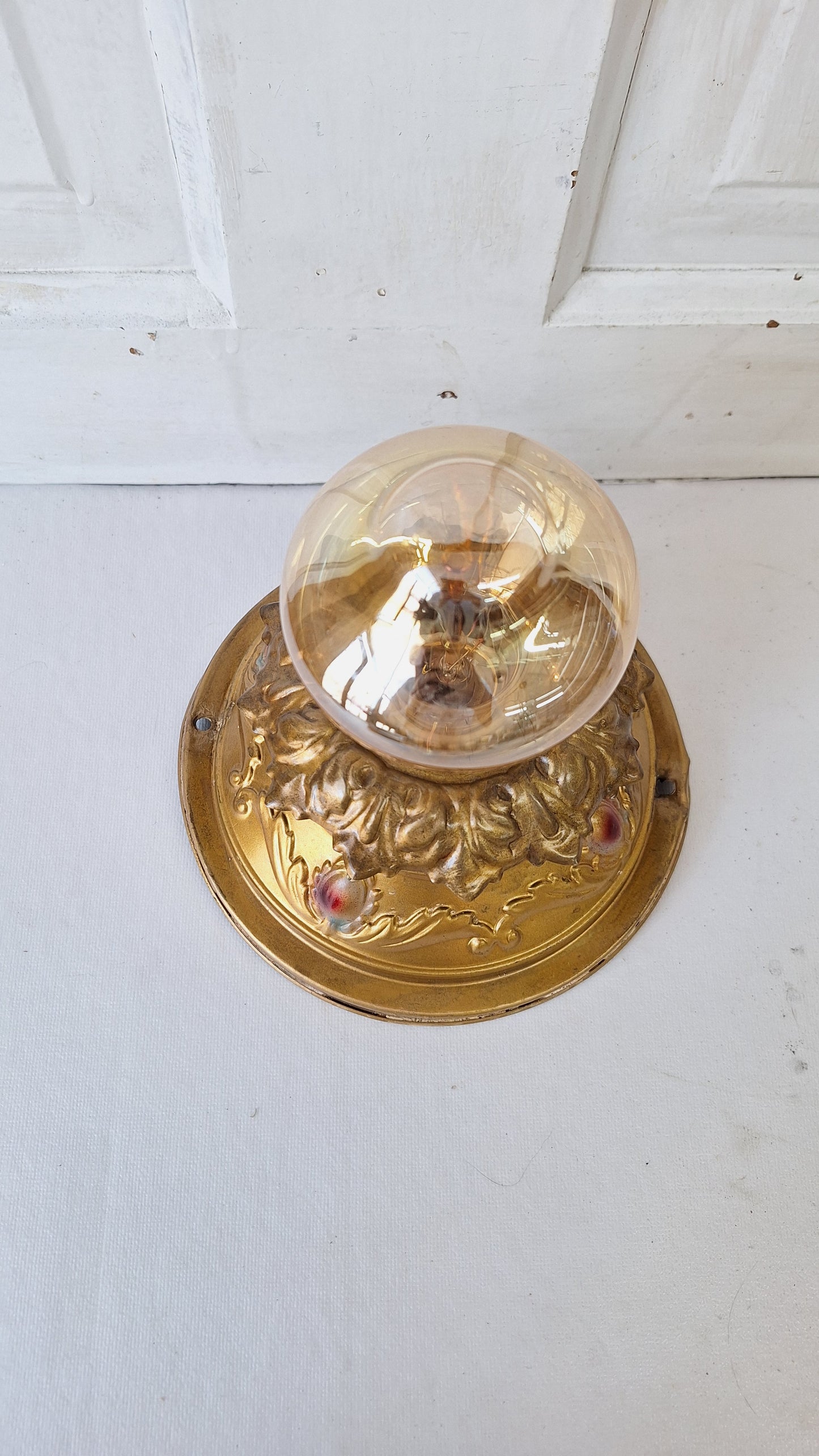 Deco Brass Flush Mount Light: Rewired Antique Fixture with Hand Painted Detailing