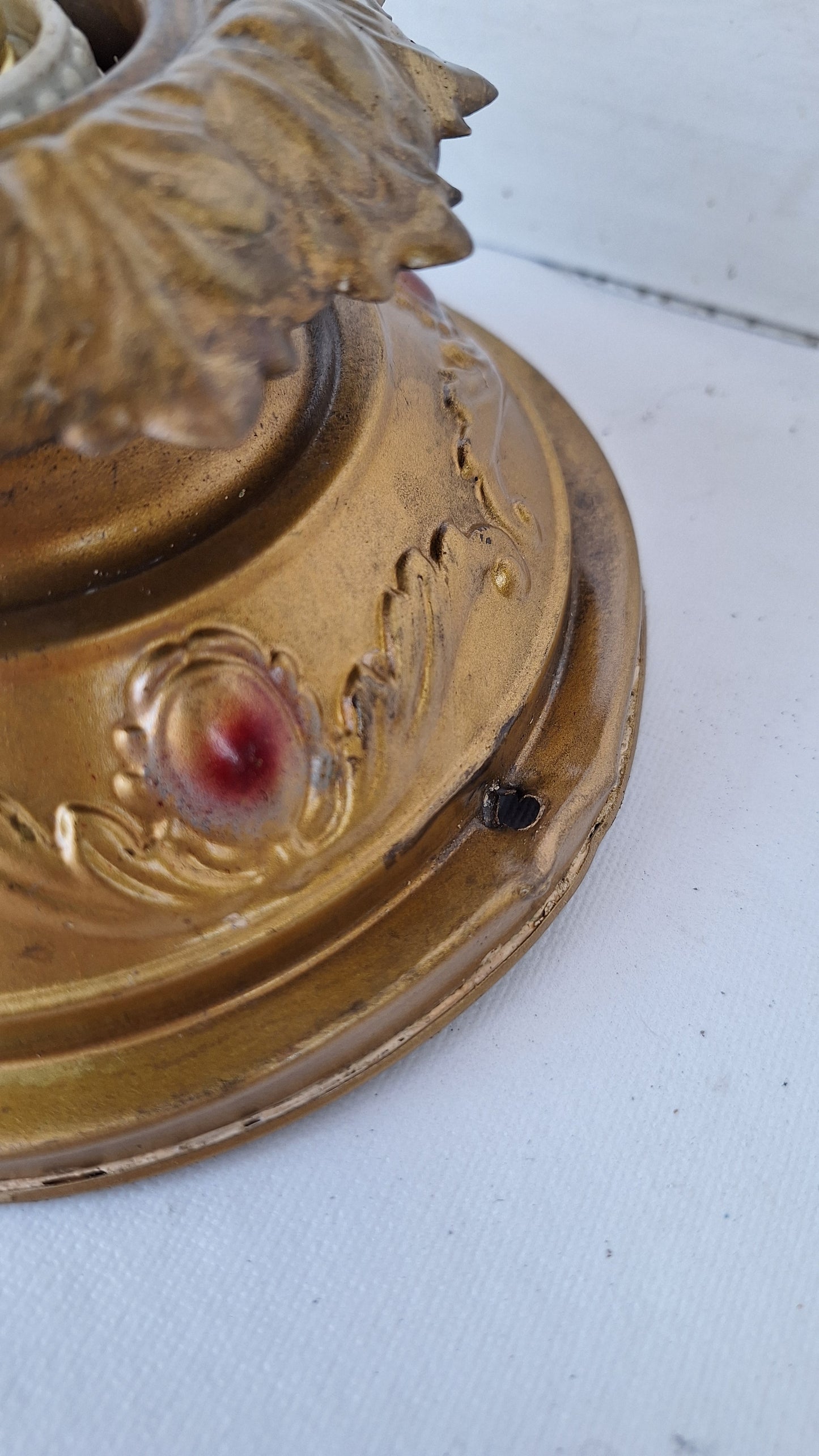 Deco Brass Flush Mount Light: Rewired Antique Fixture with Hand Painted Detailing