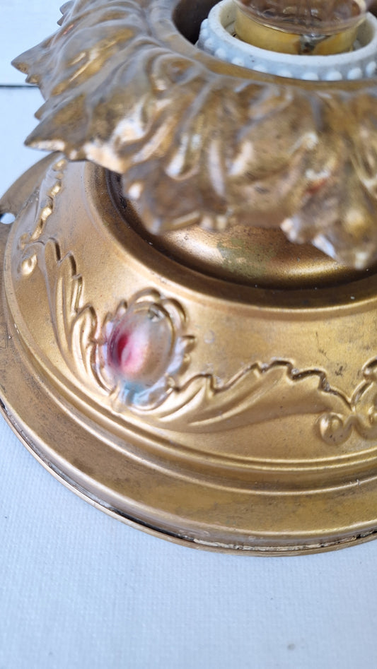 Deco Brass Flush Mount Light: Rewired Antique Fixture with Hand Painted Detailing
