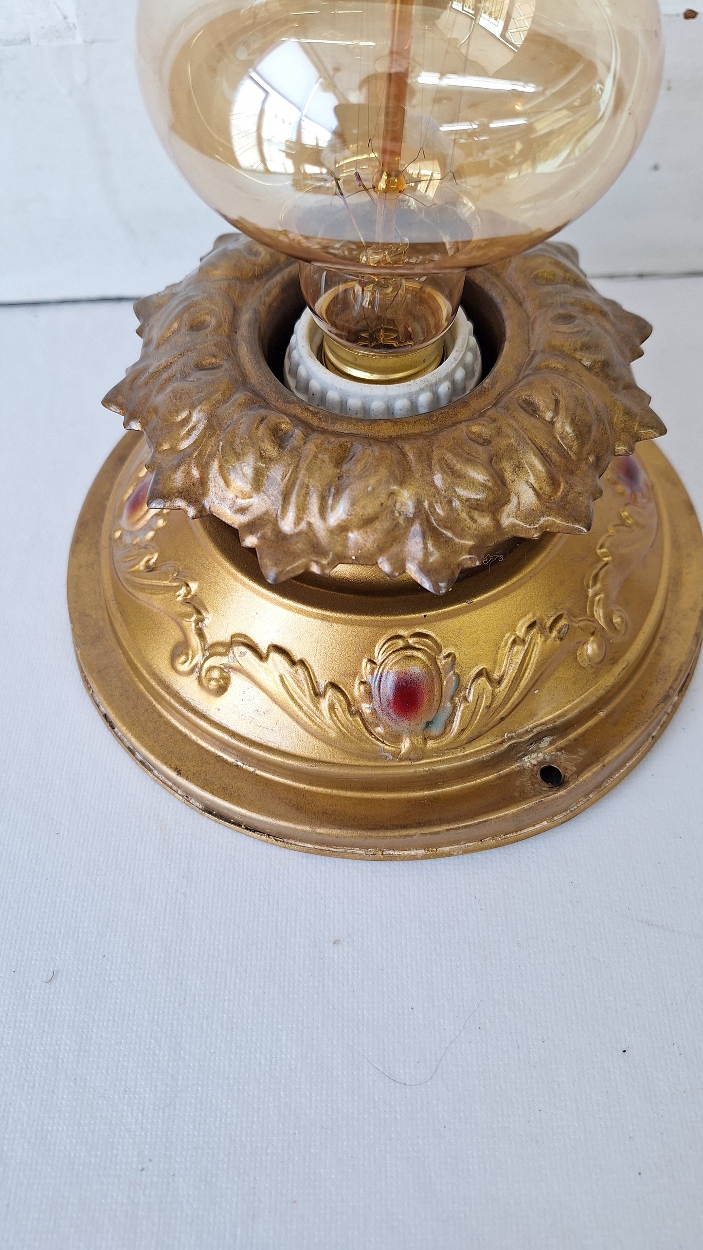 Deco Brass Flush Mount Light: Rewired Antique Fixture with Hand Painted Detailing